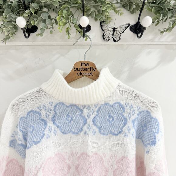 Vintage 80s/90s Pastel Floral Acrylic Mock Neck Sweater 1-650 cottagecore - Picture 2 of 4